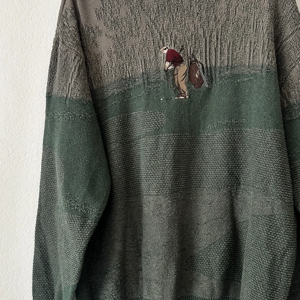 Vintage 90s Golf Sweater Embroidered Knit Crewneck Green Brown Colorblock L